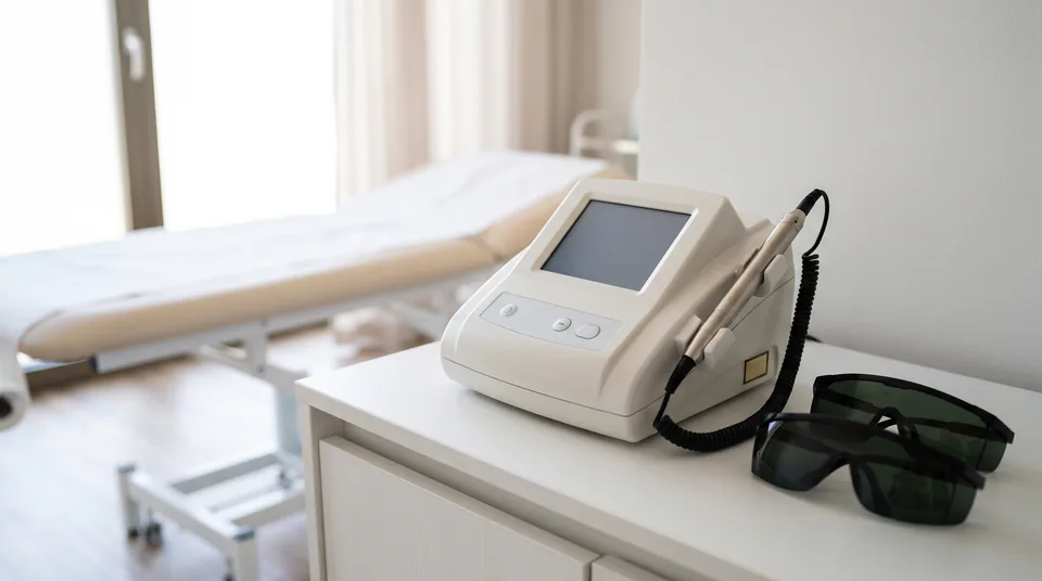Aparat do laseroterapii biostymulacyjnej z sondą punktową i okularami ochronnymi w gabinecie