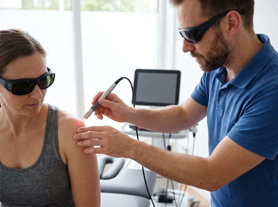 Fizjoterapeuta prowadzi głowicę lasera wysokoenergetycznego nad barkiem pacjentki w okularach ochronnych