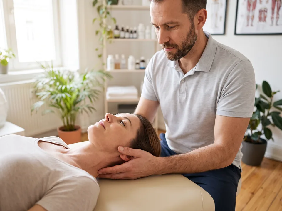 Osteopata obejmuje dłońmi głowę i kark pacjentki leżącej na stole terapeutycznym