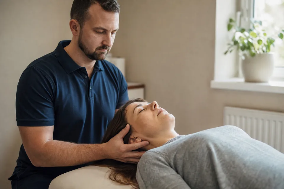 Fizjoterapeuta podtrzymuje dłońmi głowę pacjentki leżącej na stole podczas terapii czaszkowo-krzyżowej